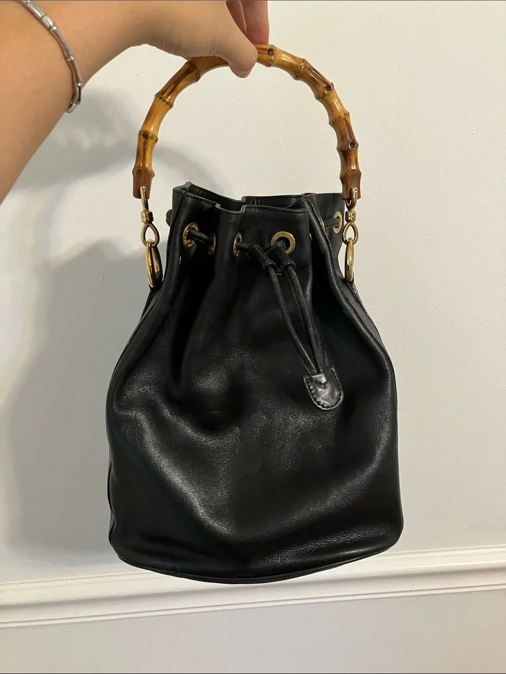Gucci Black Leather Drawstring Bucket Bag with Bamboo Handle